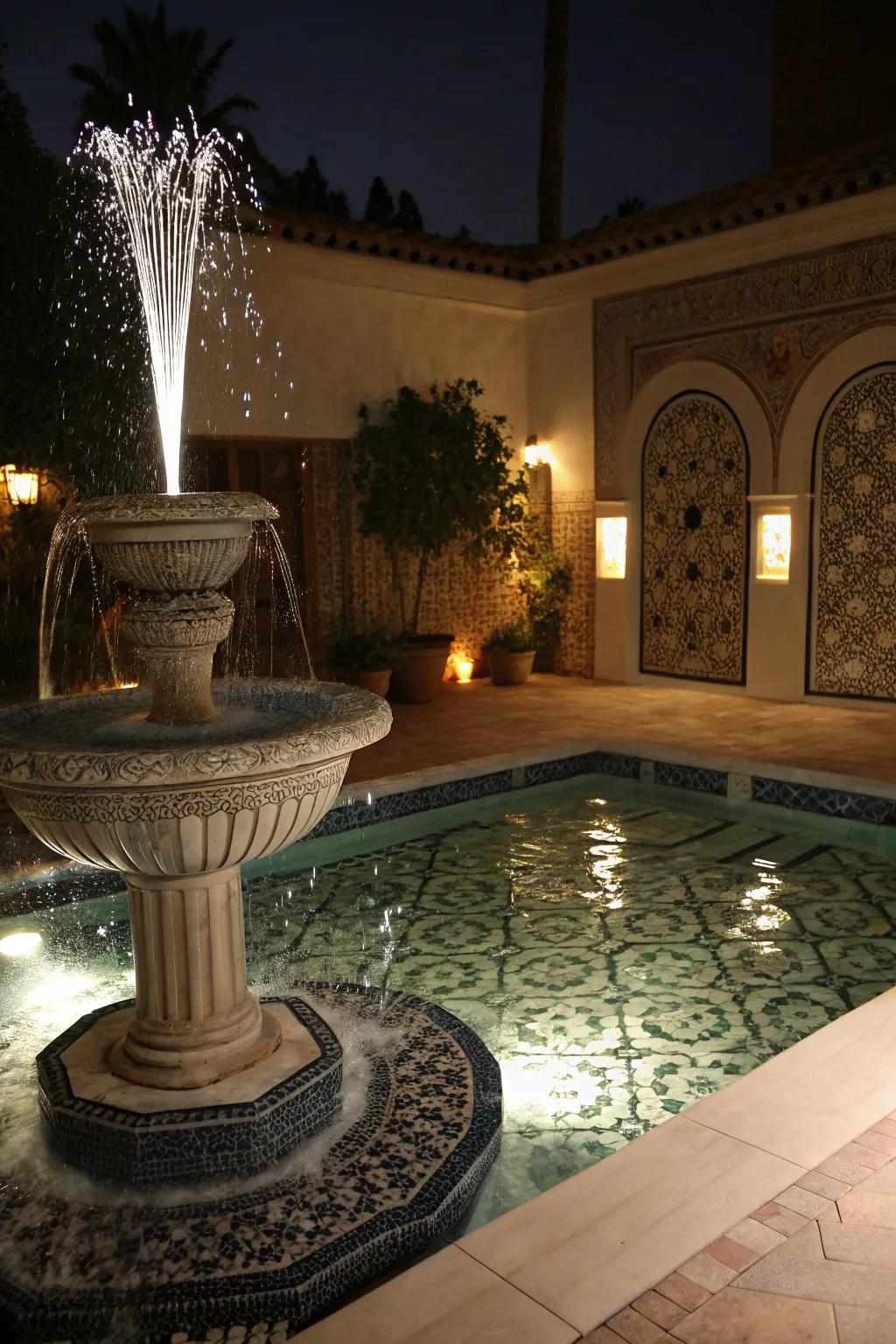 Spotlighting converts a fountain into an impressive nighttime showpiece.