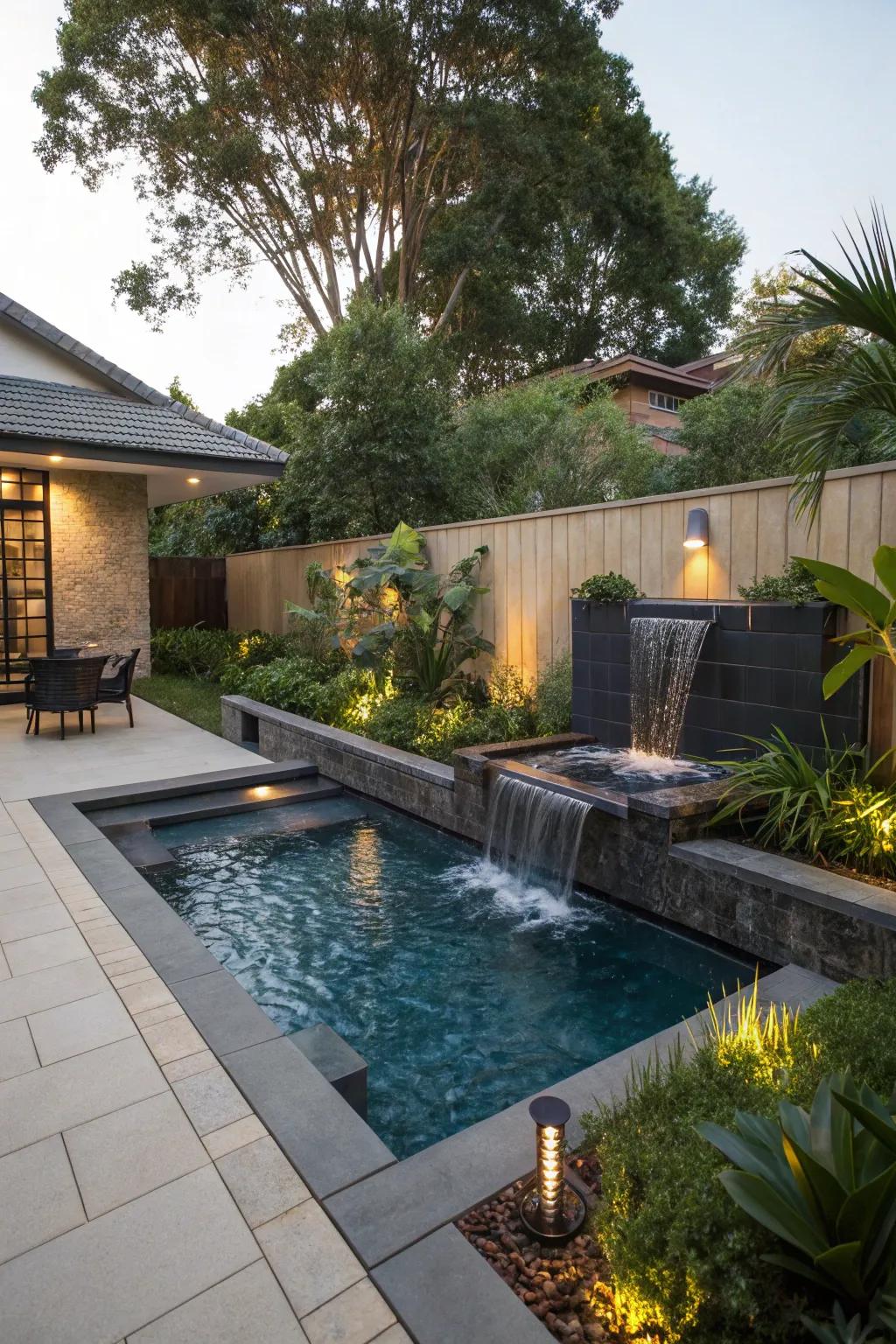 Water features bring a soothing and vibrant element to the pool area.
