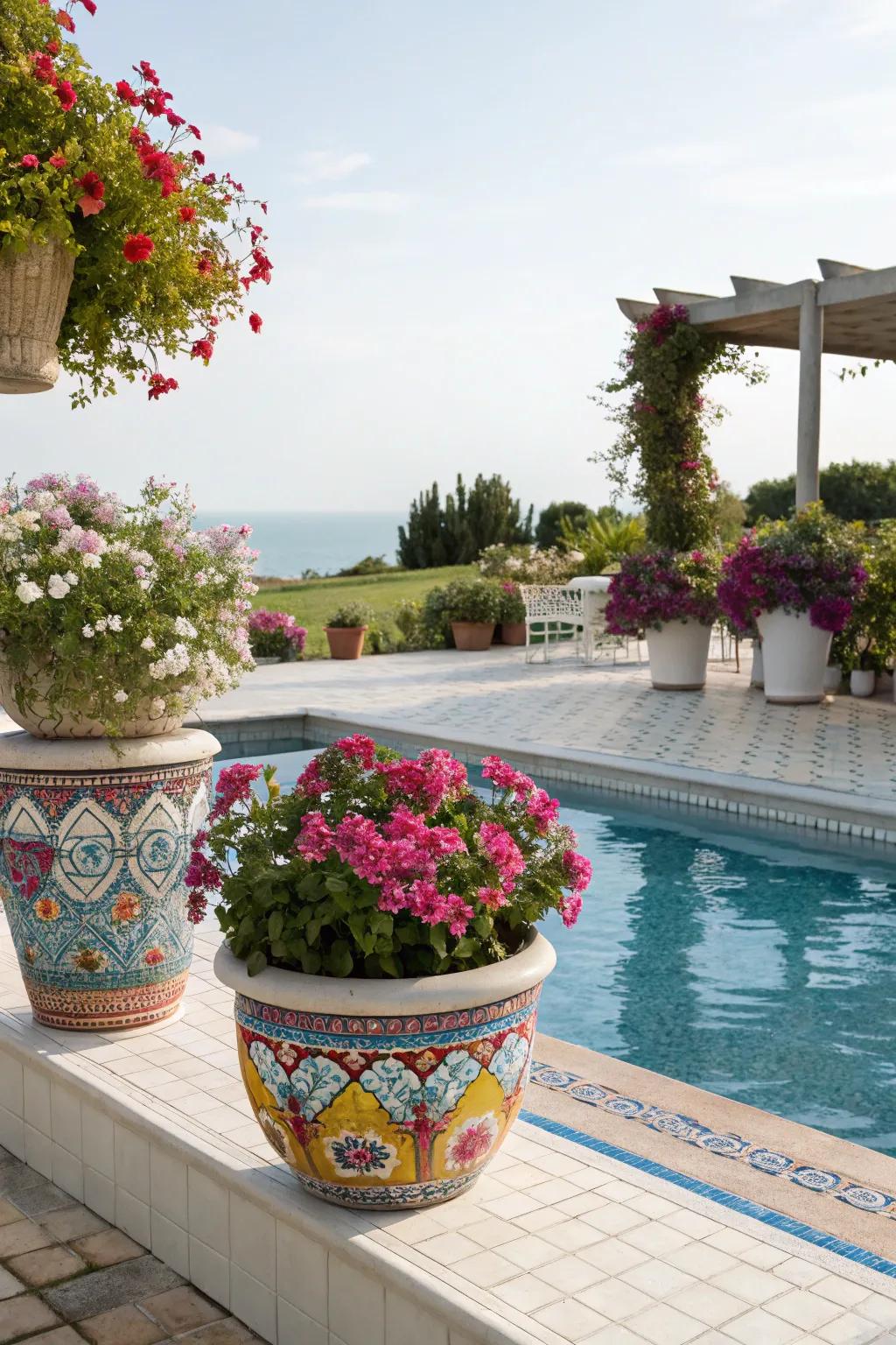 Enhance your pool deck's vibe with ornamental plants and flowers.