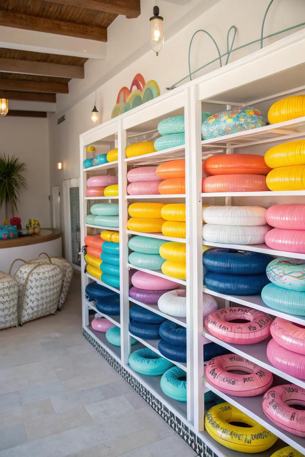 Multi-level storage maintaining the organization of pool floats according to size.