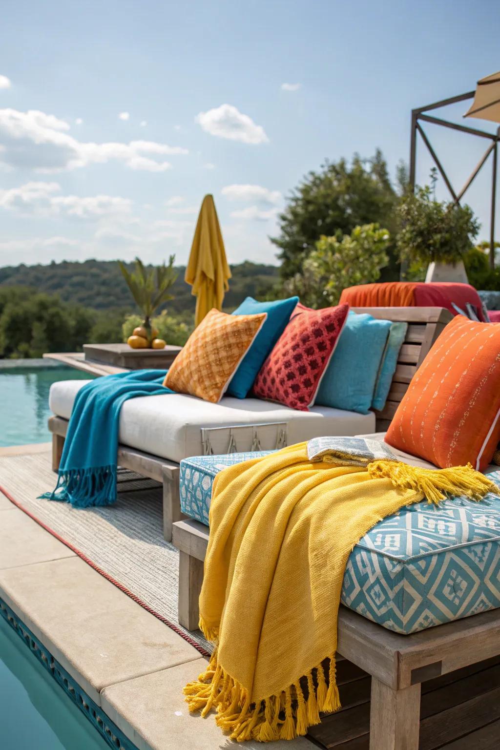 Bright pillows and throws add life and comfort to your poolside setup.