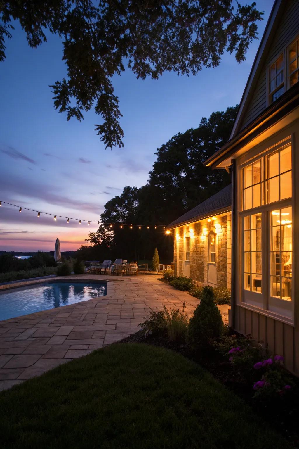 Establish the perfect mood with soft lighting that accentuates your pool house