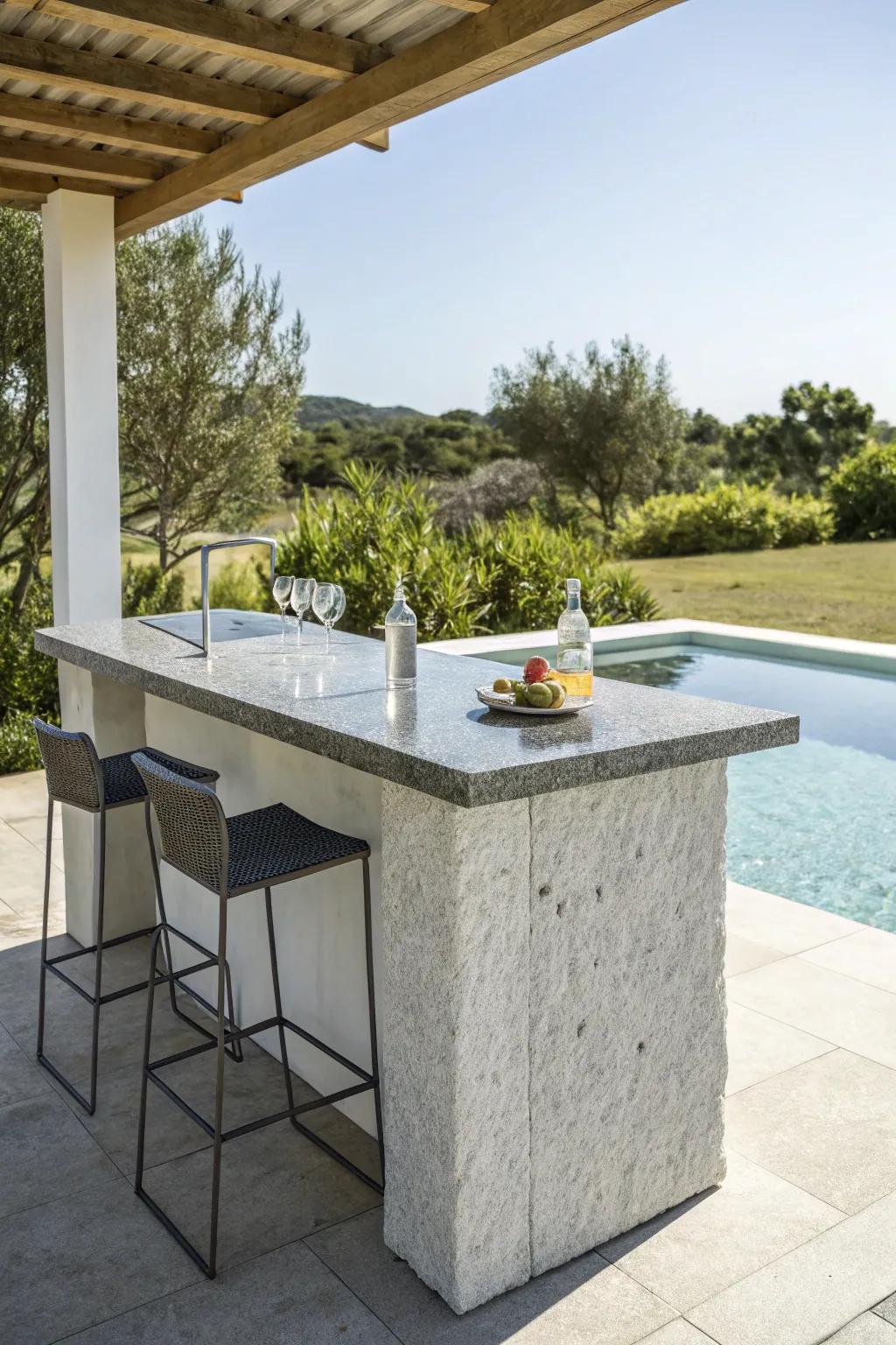 A stone bar gives a hint of sophistication to your poolside.