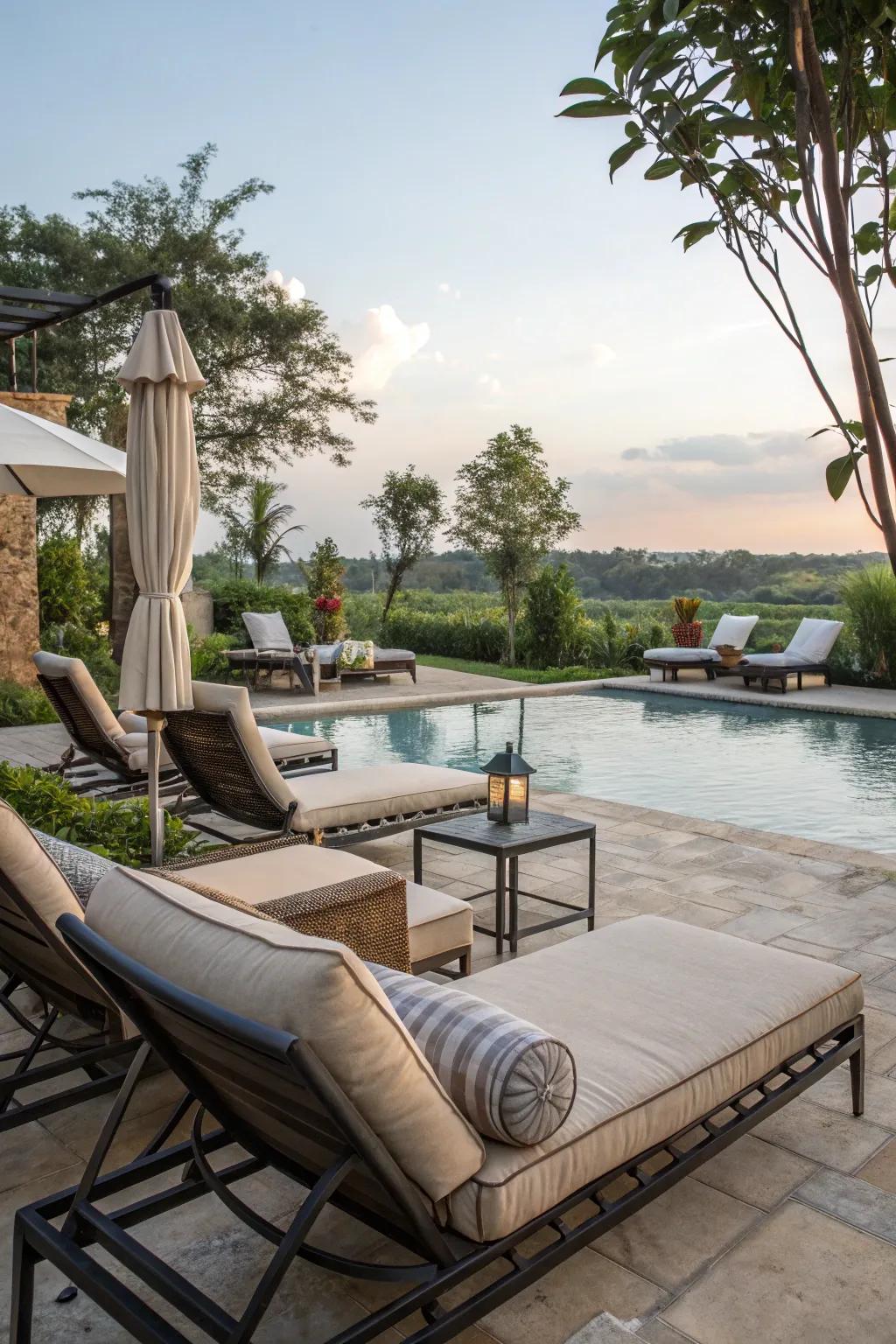 A charming poolside lounge space furnished with comfortable seating choices.