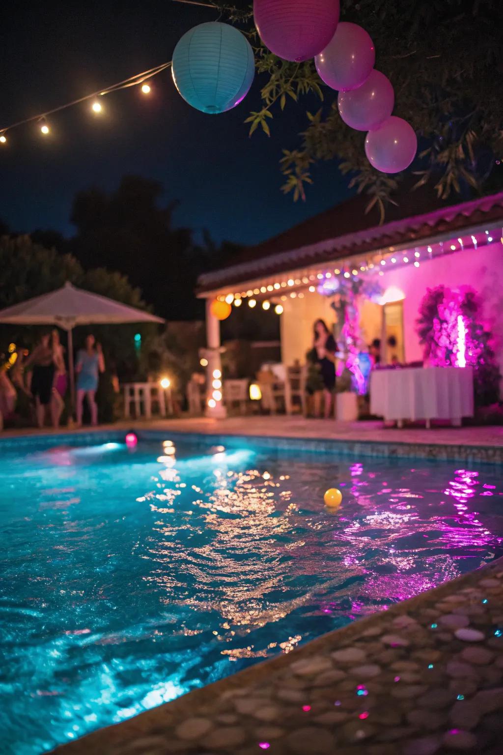 Colored lights transform your pool zone into a vibrant party space.