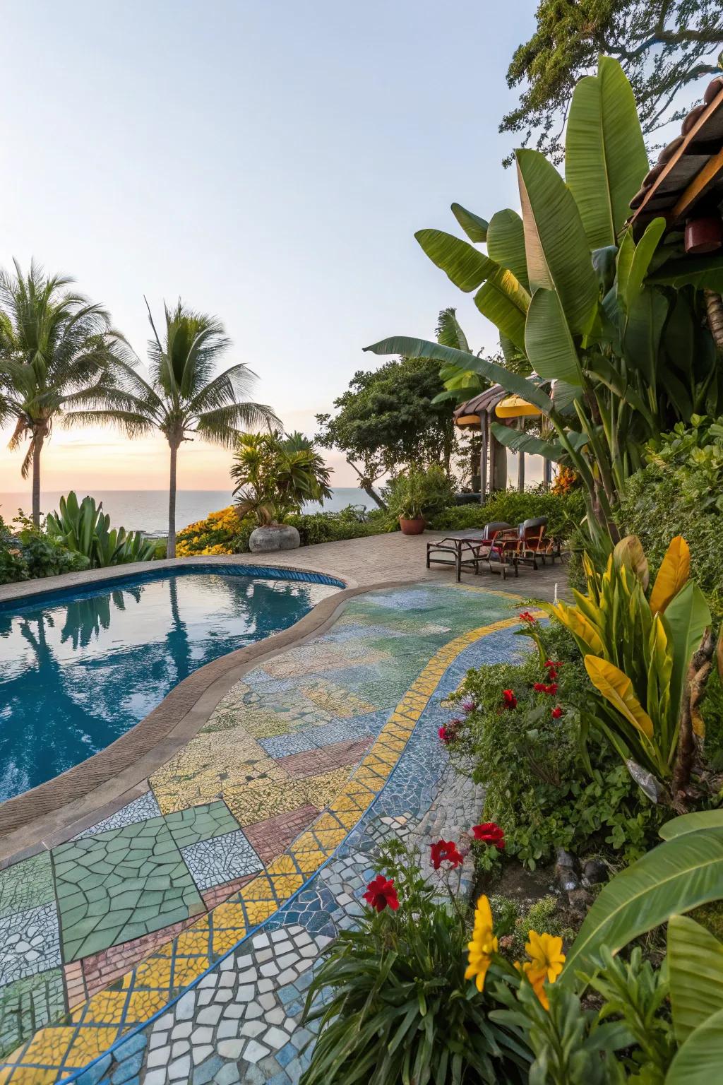 Mosaic patterns infuse vivid hues into your pool precinct.
