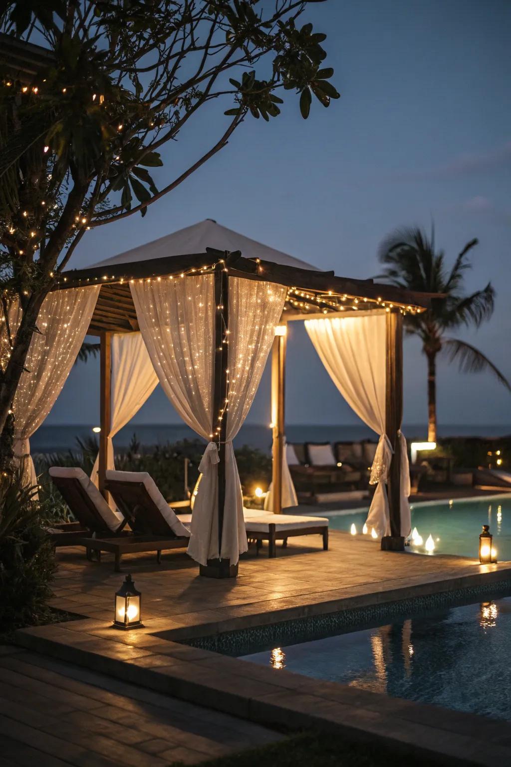 A poolside lounge with twinkling lights creates a magical evening escape.