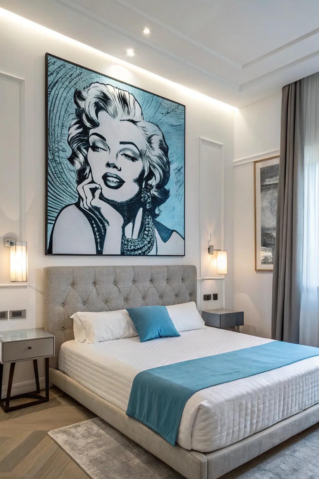 A serene monochromatic pop art painting in calming shades of blue.