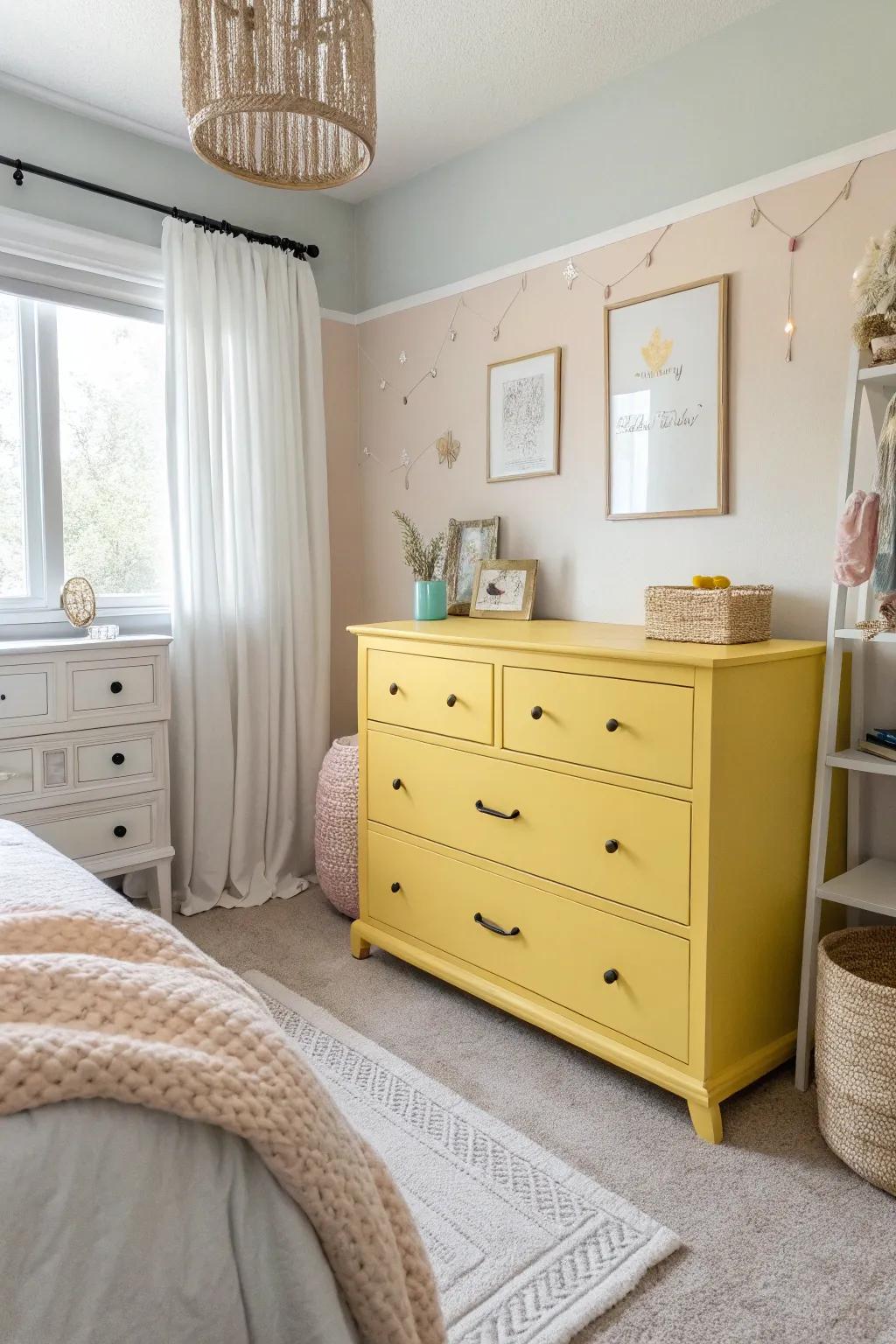 A golden dresser adds a bright, happy touch.