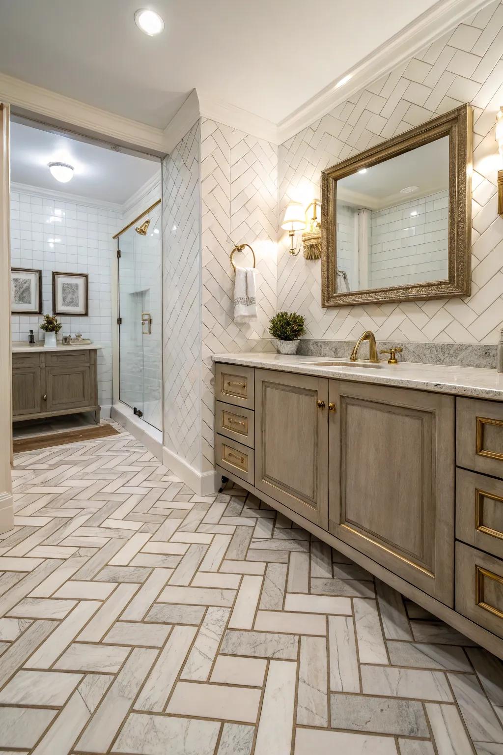 Herringbone patterned tiles impart style and elegance to this refined bathroom.