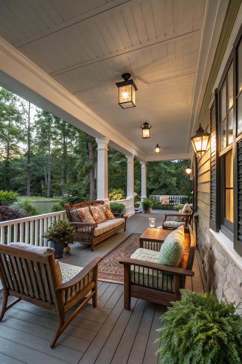 Seating areas transform porches into inviting getaways.