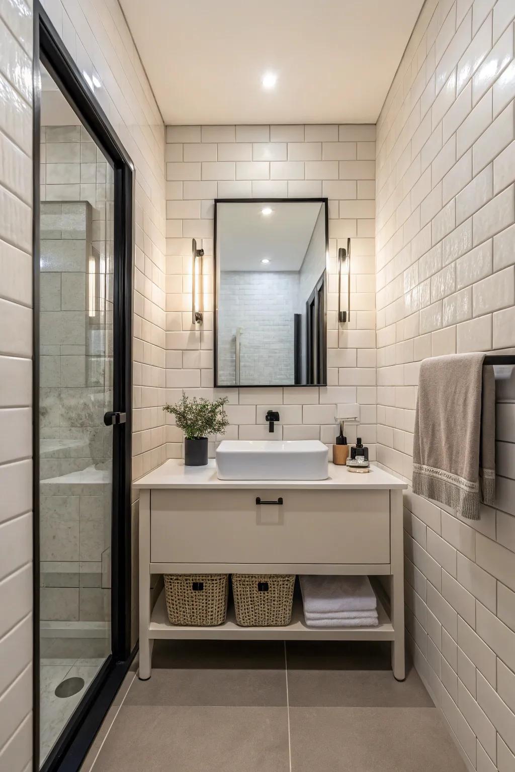 Minimalist tiling crafts a pristine and refined powder room aesthetic.