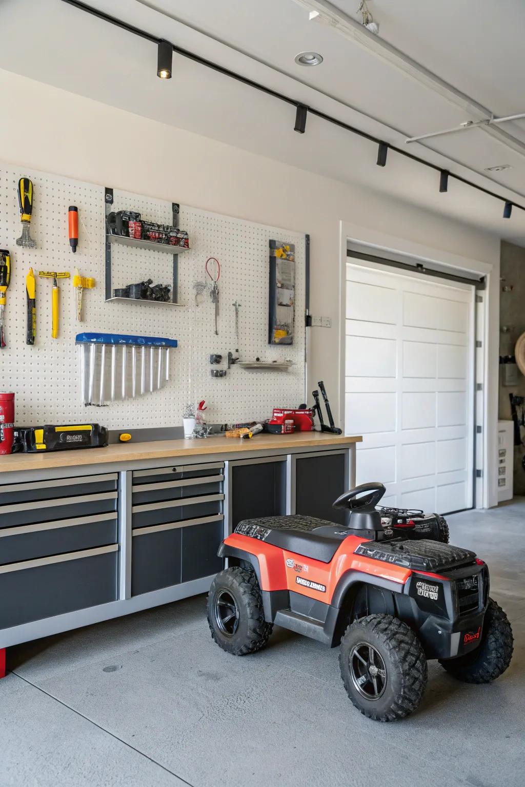 Electric ride-ons stored under a workbench to maximize space.