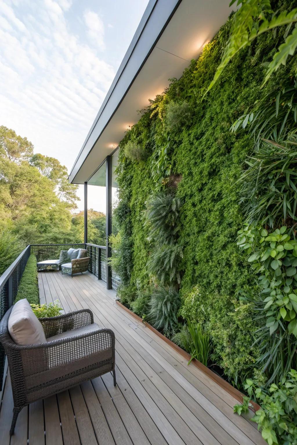 A lush vertical garden partition infuses solitude and verdure into a deck.