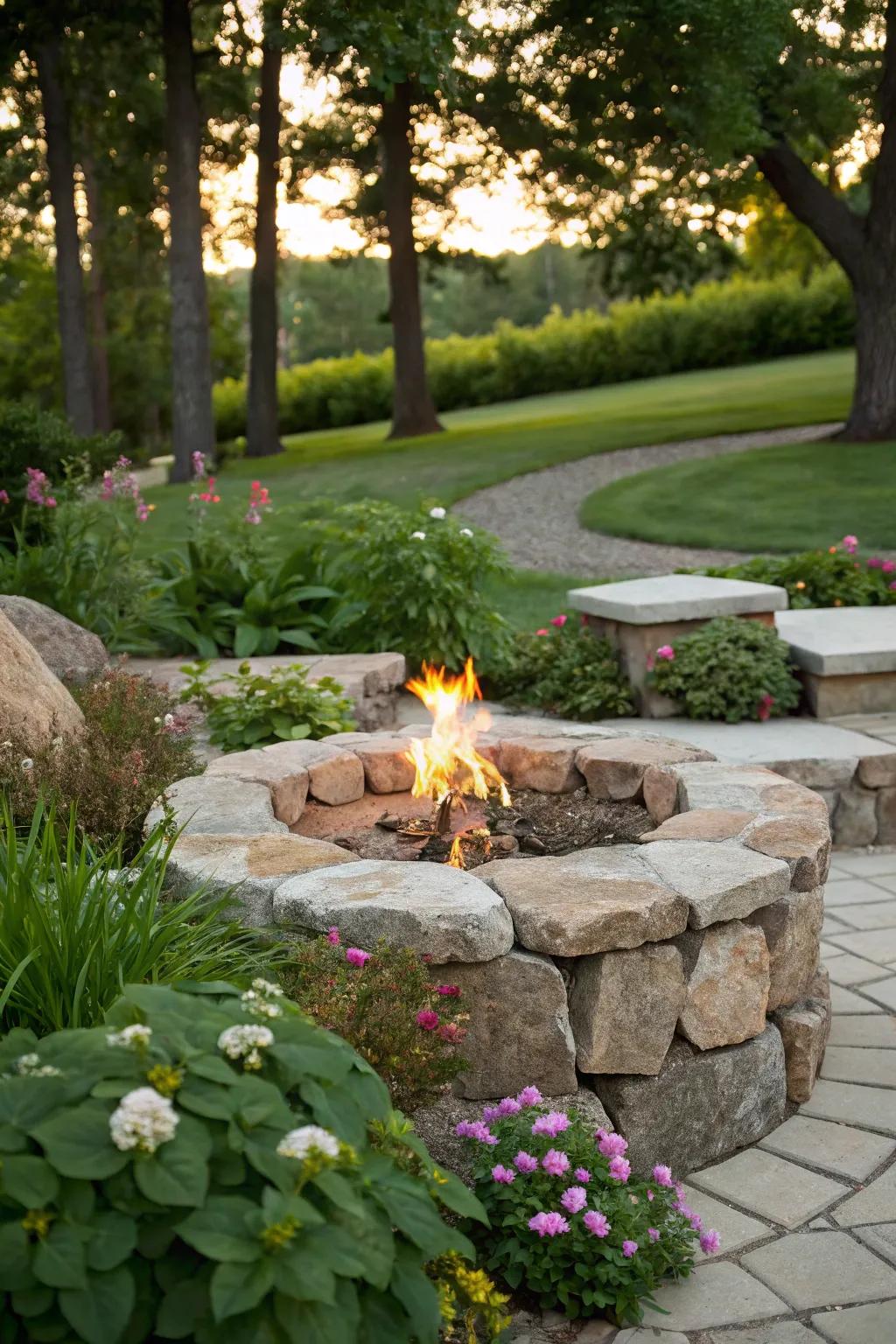 Achieve a sense of balance using a propane fire pit incorporated with natural stone.