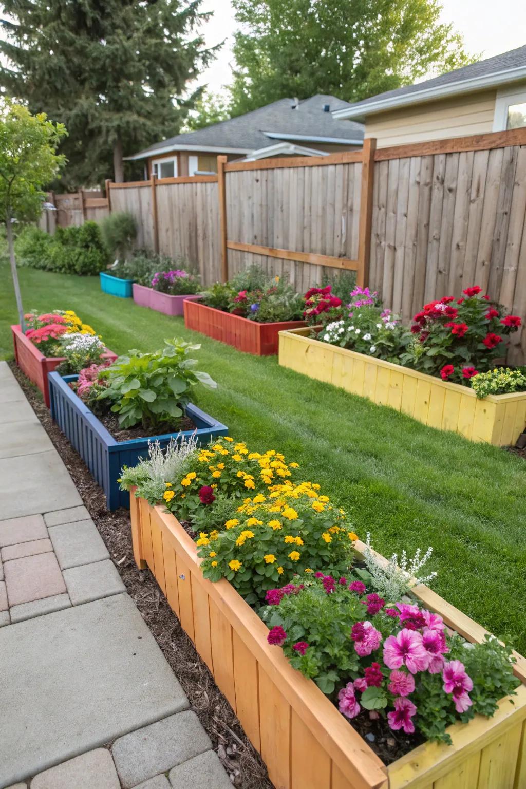 Garden beds filled with flowers creating a lively property boundary.