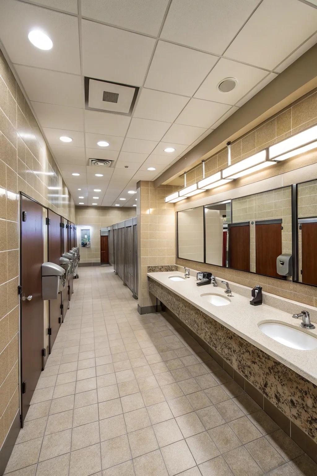 Functional layouts streamline user flow in shared restrooms.