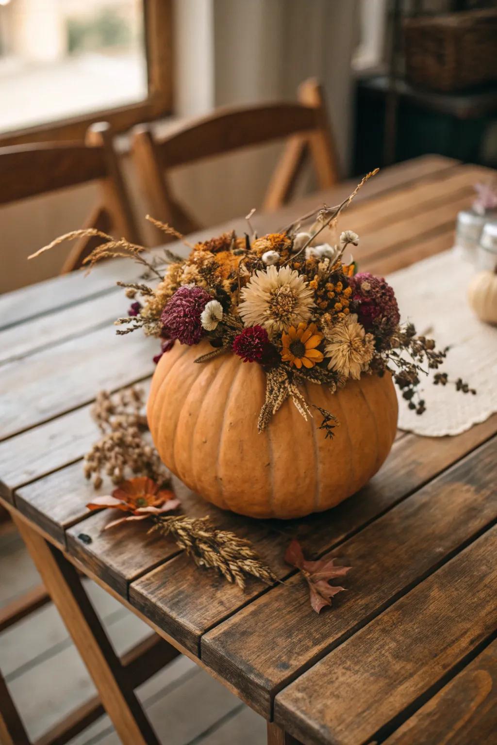 Desiccated flowers introduce enduring elegance to your pumpkin decor.