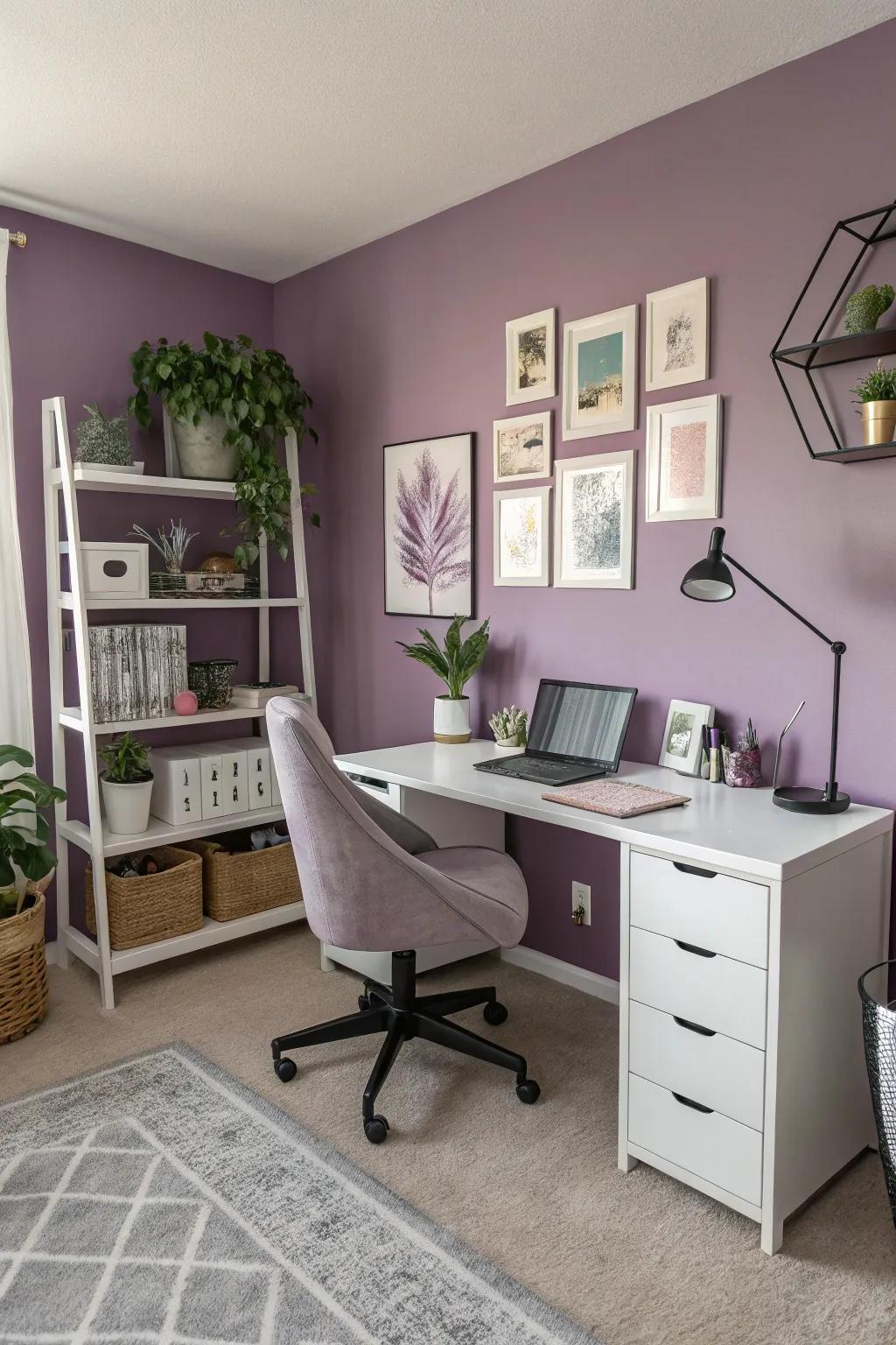 A home work space energized by purple walls and stylish decor.