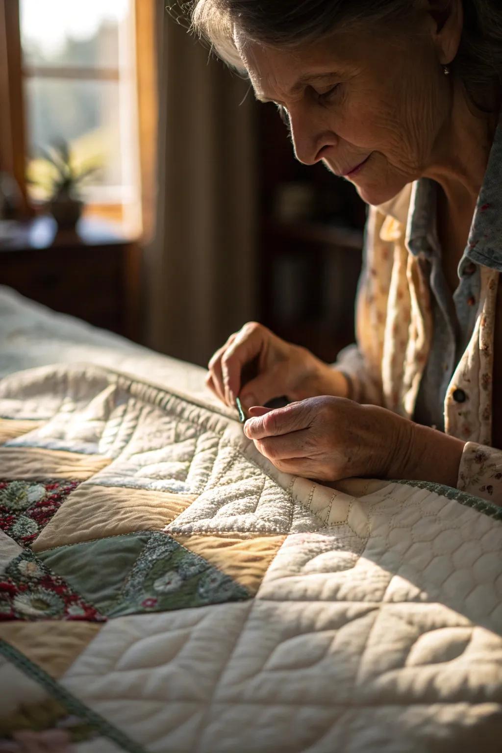 Finishing quilts by hand is a personal touch that creates a timeless design.