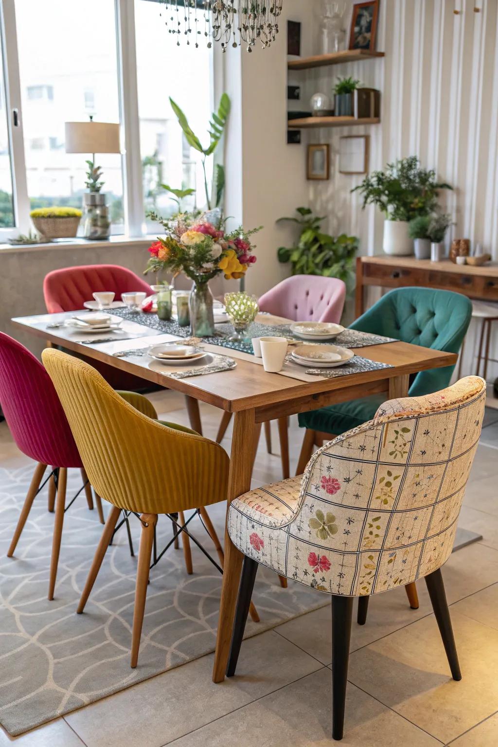 An eclectic dining arrangement with mismatched chair styles.