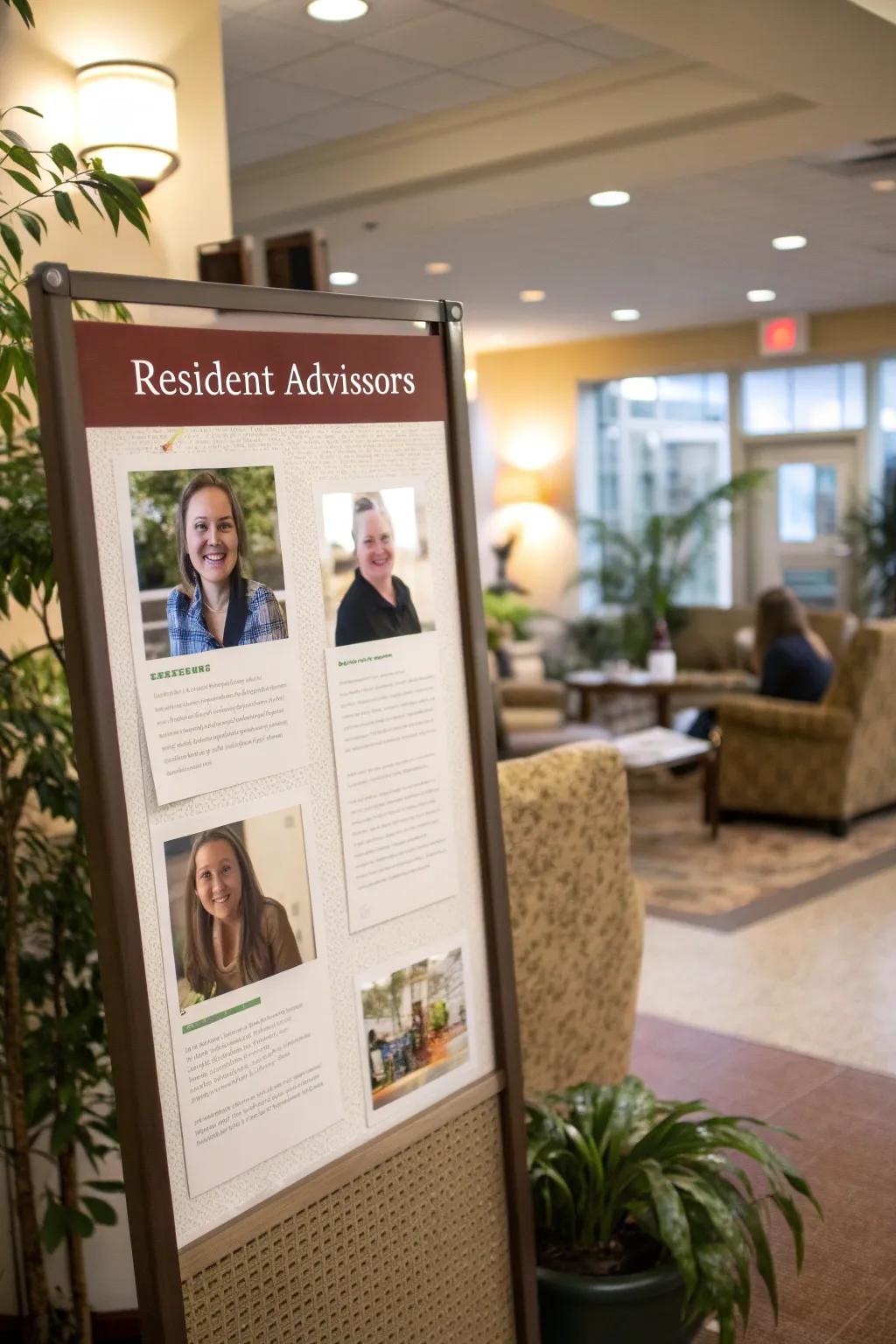 A Meet Your RA board that connects residents with personal stories.