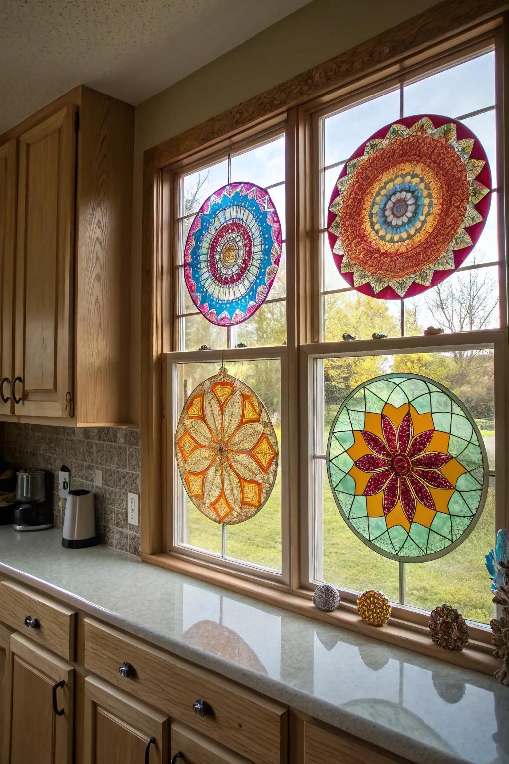A kitchen window enhanced by a colorful radial glass art piece.