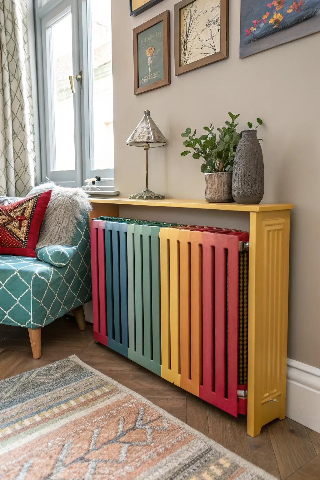 A radiator concealment with vibrant colors complements the room's decor.