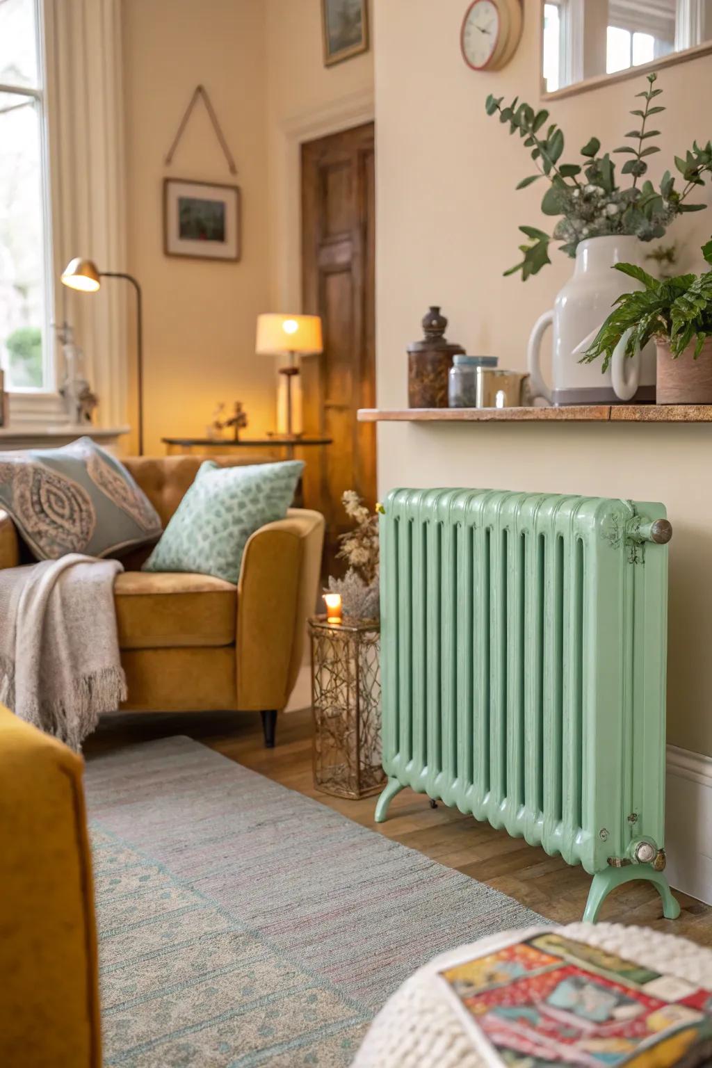 Mint green radiators provide a revitalizing spin.