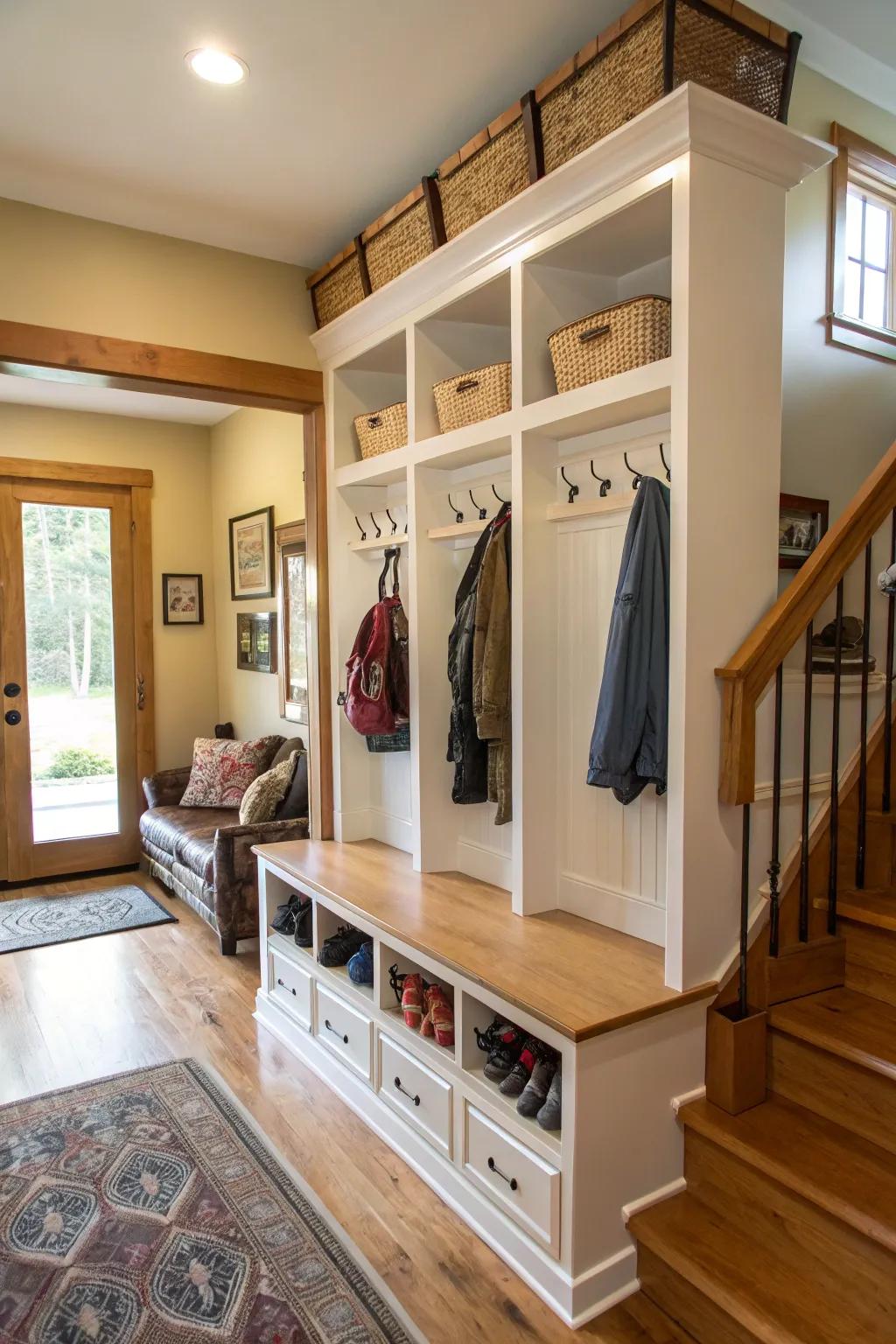 Hooks and cubbies are great storage options for an entryway that is free of clutter.