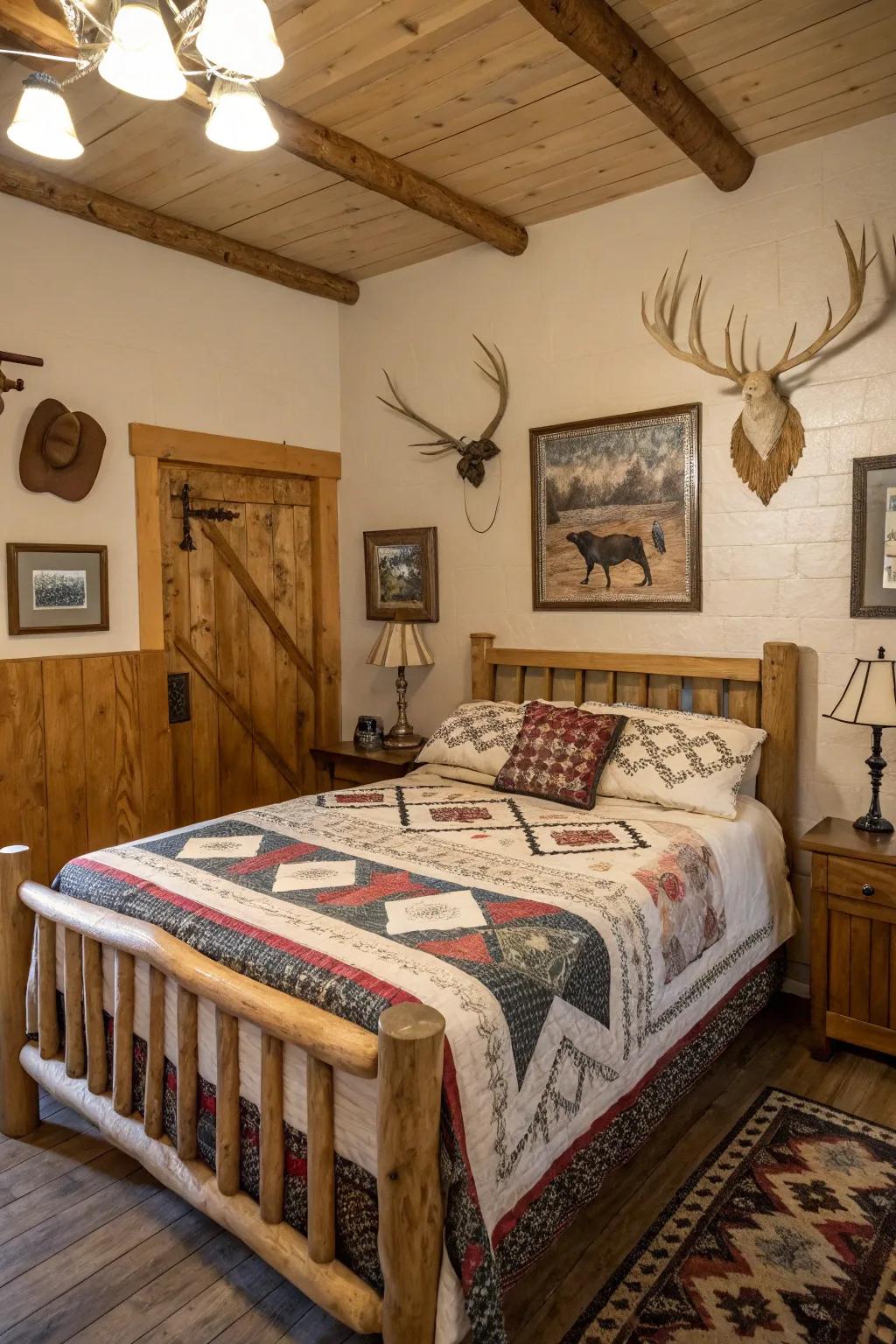 A country bedroom featuring antler decor and vintage art pieces.