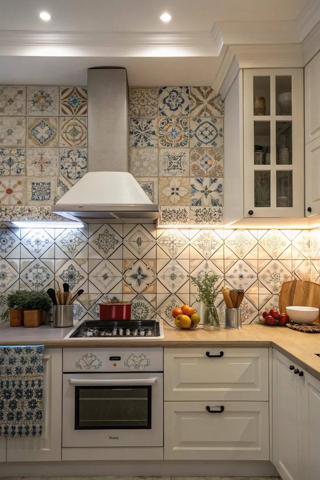 Kitchen design showcasing a patterned tile backsplash adding character to a simple range hood.