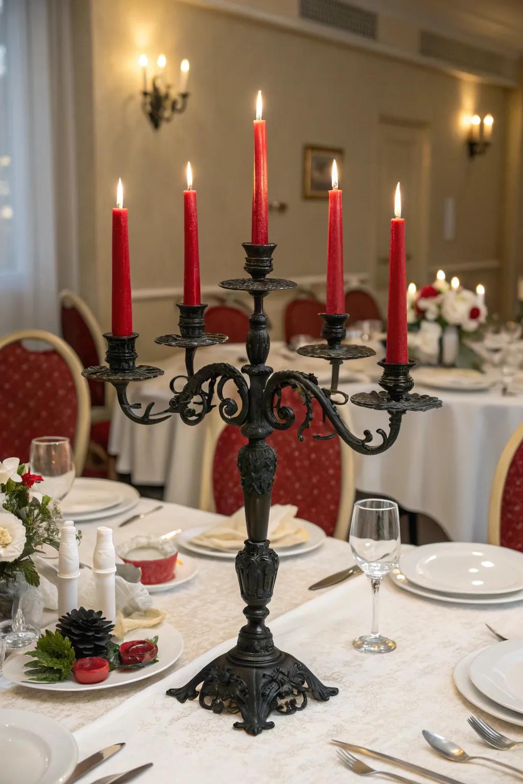 A formal eating arrangement with an ebony candelabra and scarlet taper flames.