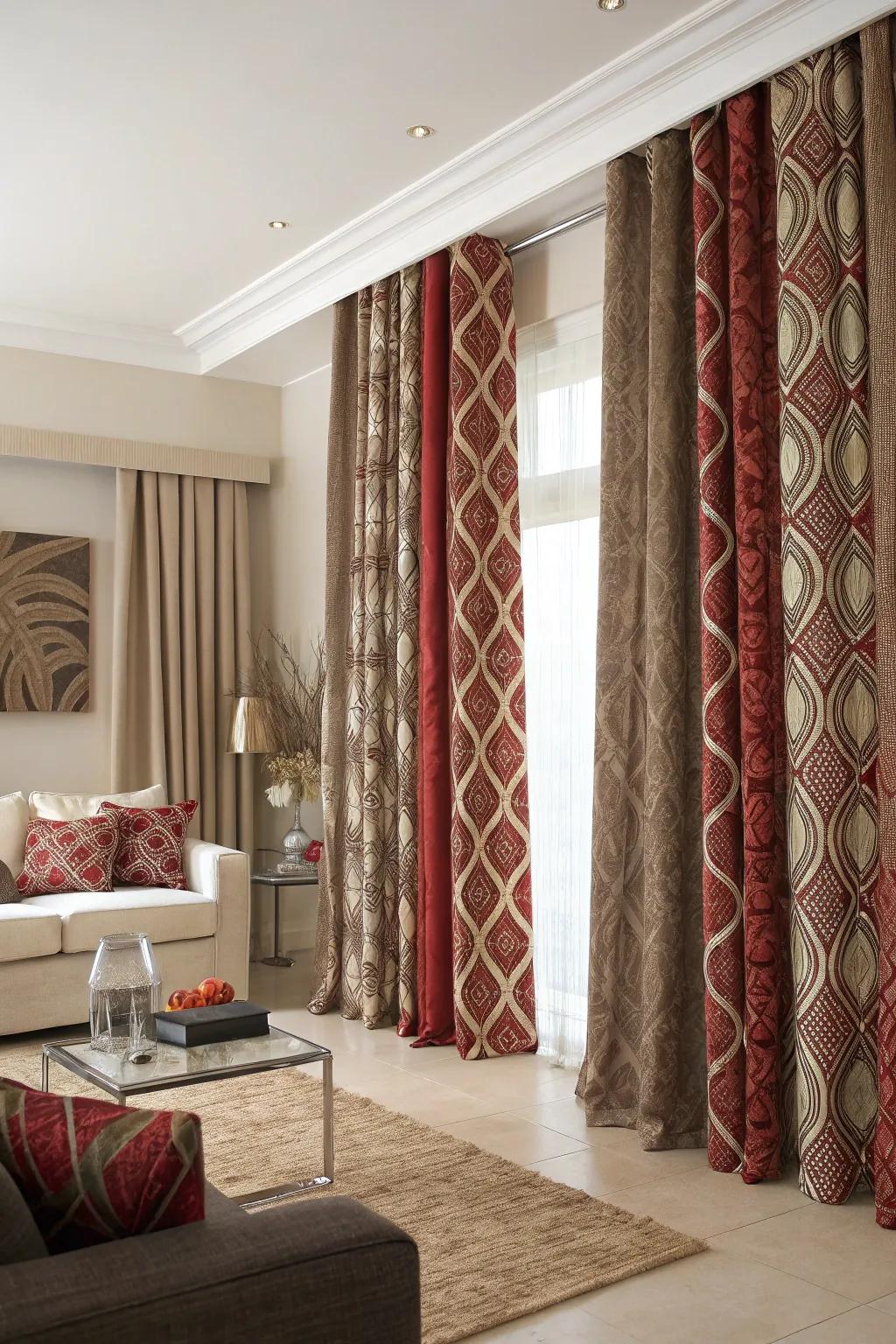 Patterned drapes contribute visual interest and elegance to a living room.