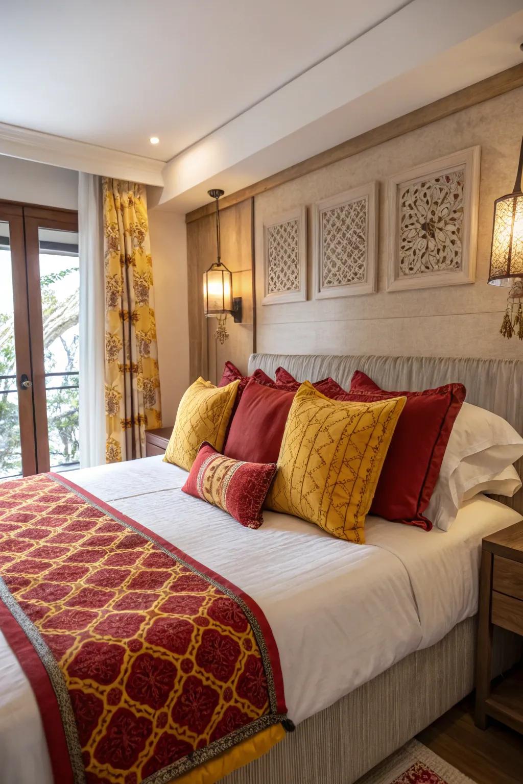 Ornamental cushions in crimson and gold add a cheerful touch to this bedroom.