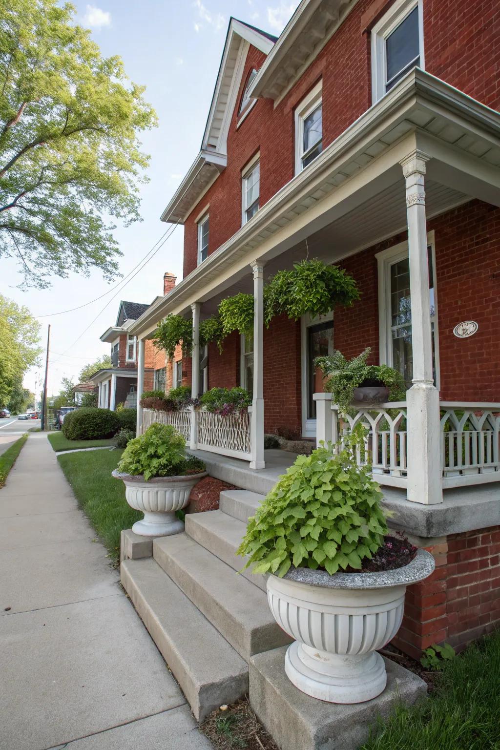 Symmetrical planters offer a balanced entrance to a red brick home.