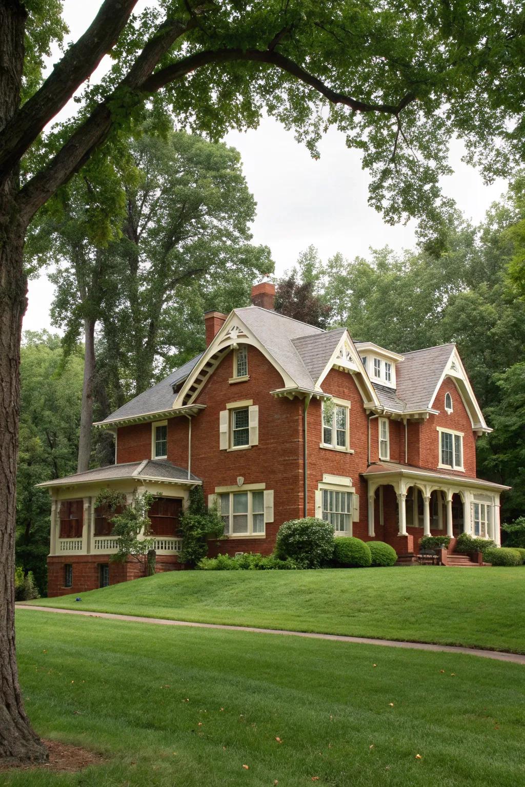Milky trim softens the boldness of crimson brick, creating a cozy exterior.