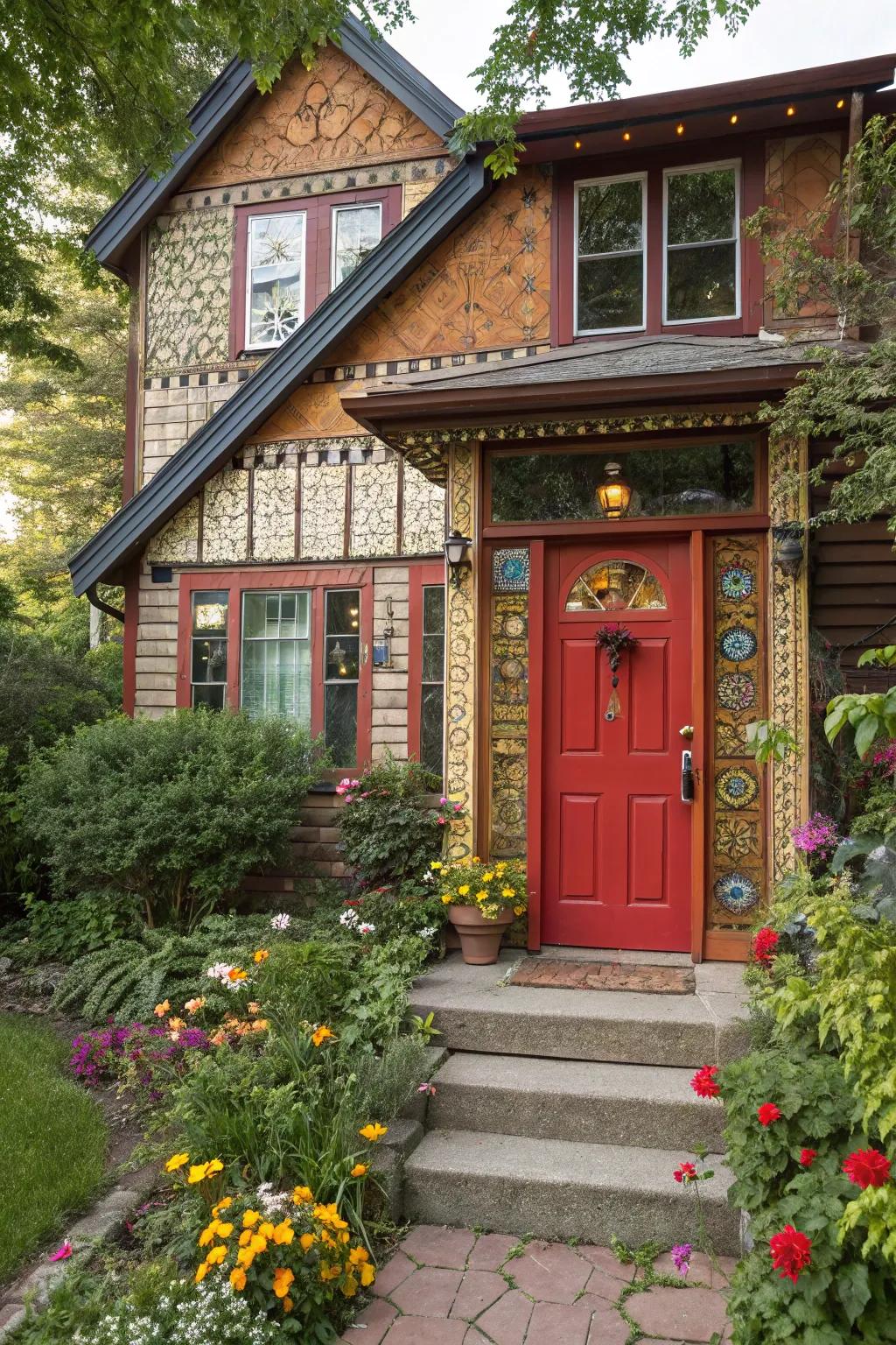 Eclectic home with a striking scarlet door, celebrating individuality.