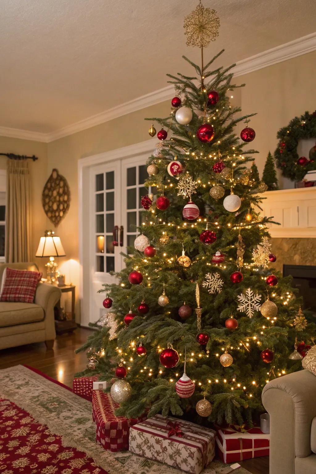 Vintage ornaments impart classic allure to the festive tree.
