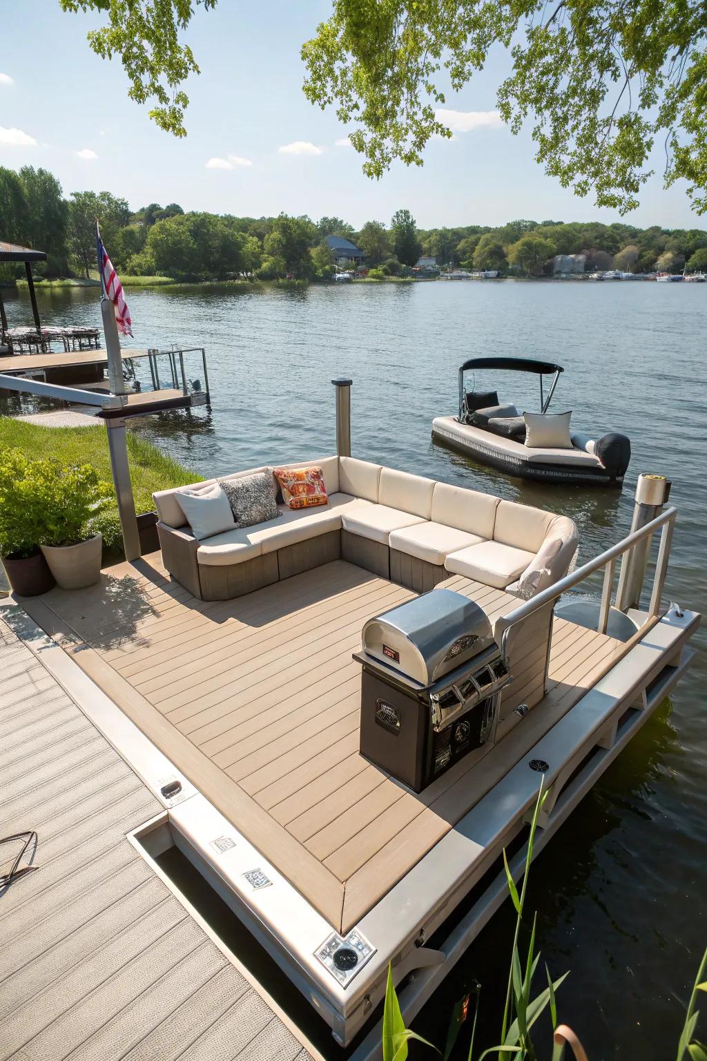 A dock that features integrated features for entertainment and relaxation.