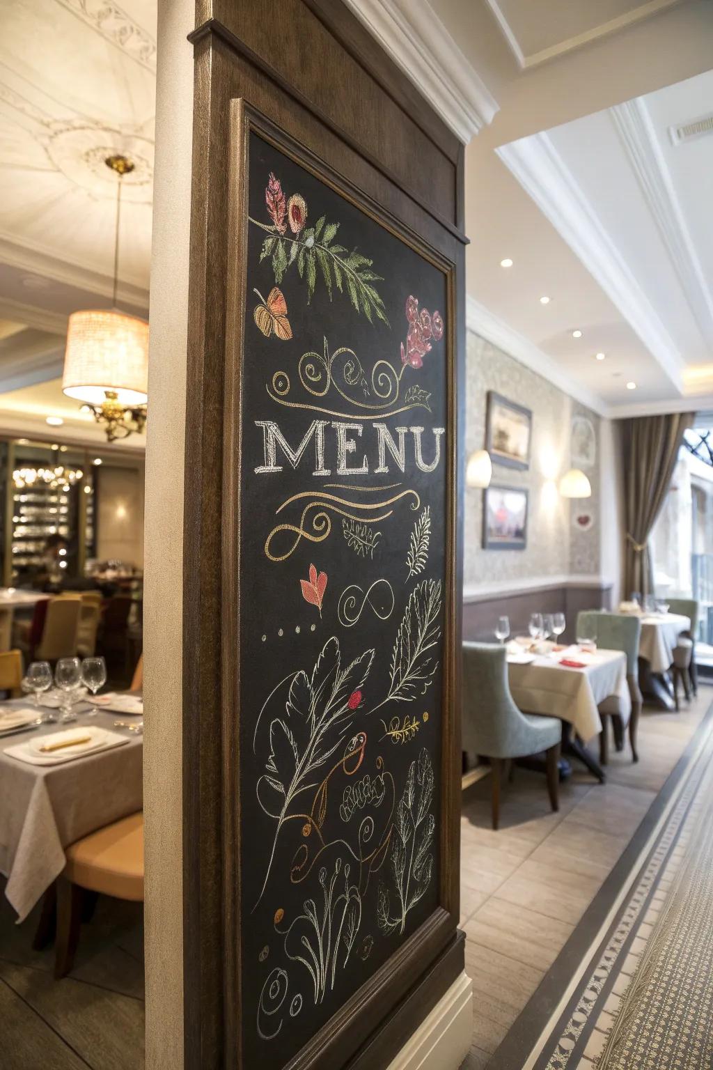 A chalkboard decorated with artistic pictures that beautifully frame the menu text.
