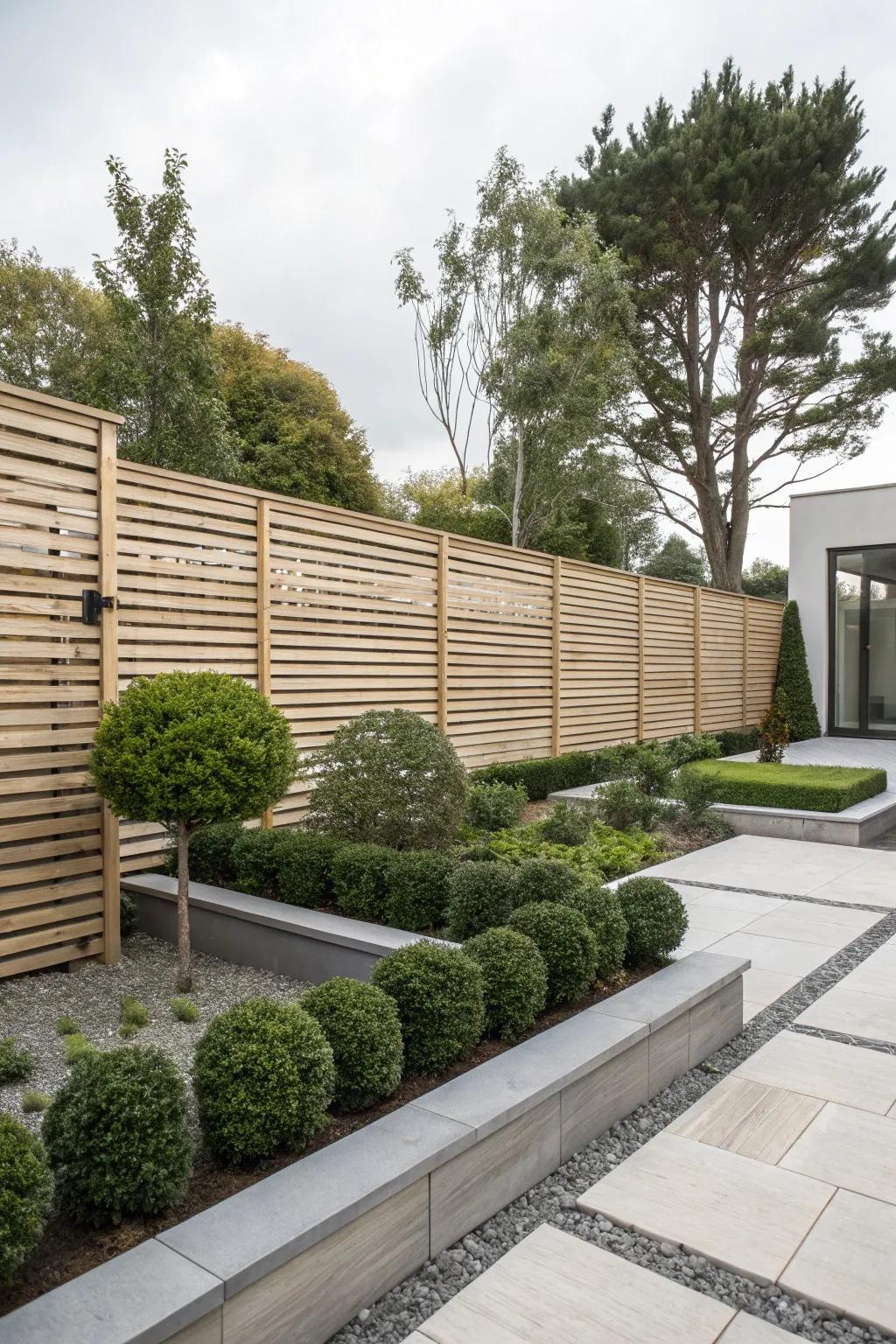Modern horizontal wooden board fencing in a minimalist garden.
