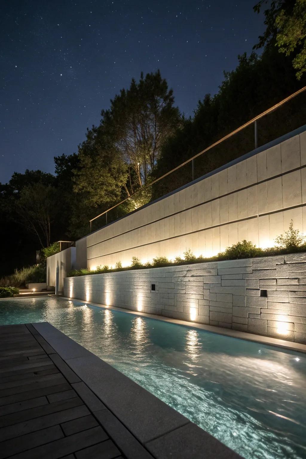 Retaining wall with ambient lighting for captivating nighttime allure.