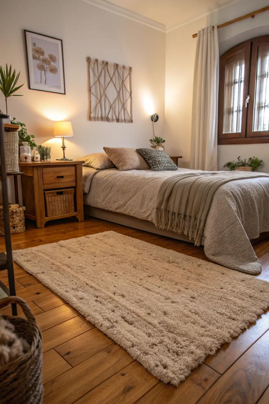 A plush rug enhances the bedroom's cozy environment.