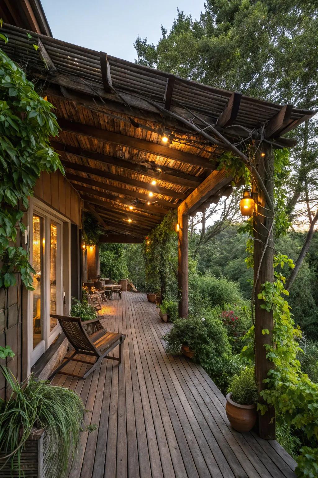 A country-style timber roof creates a warm and inviting deck area.