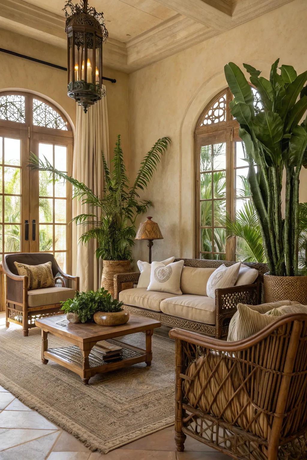A chic living room with desert-inspired earth tones and rustic charm.