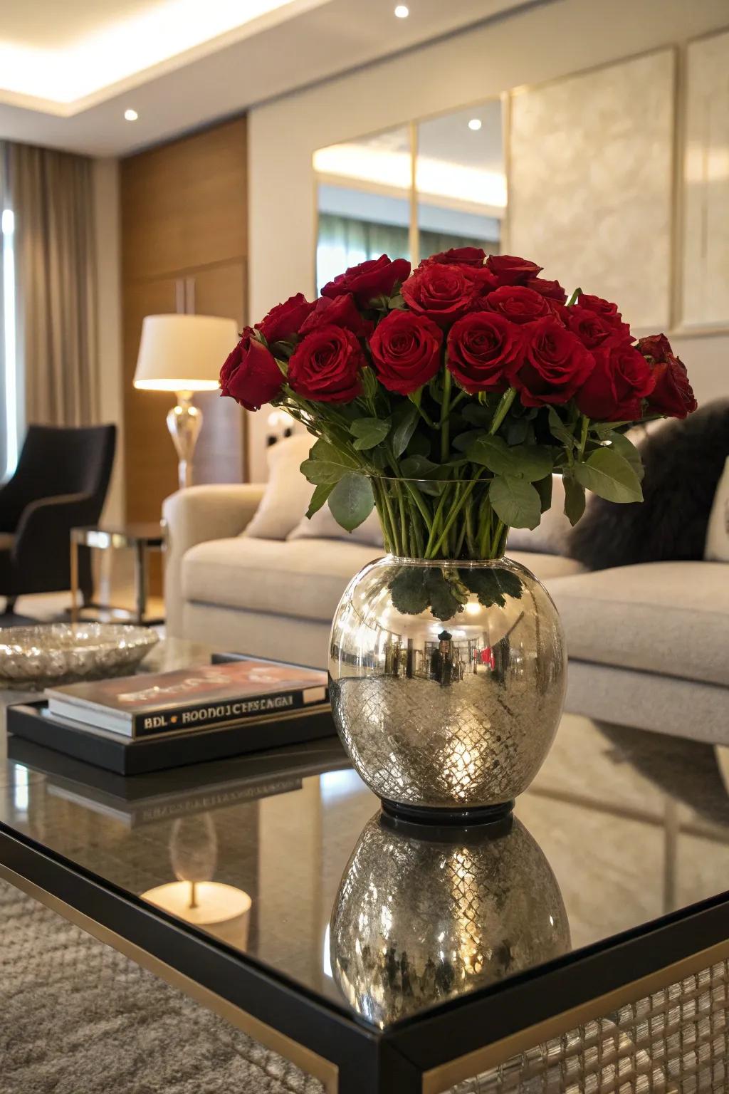Captivating reflections with roses in a reflective vase.
