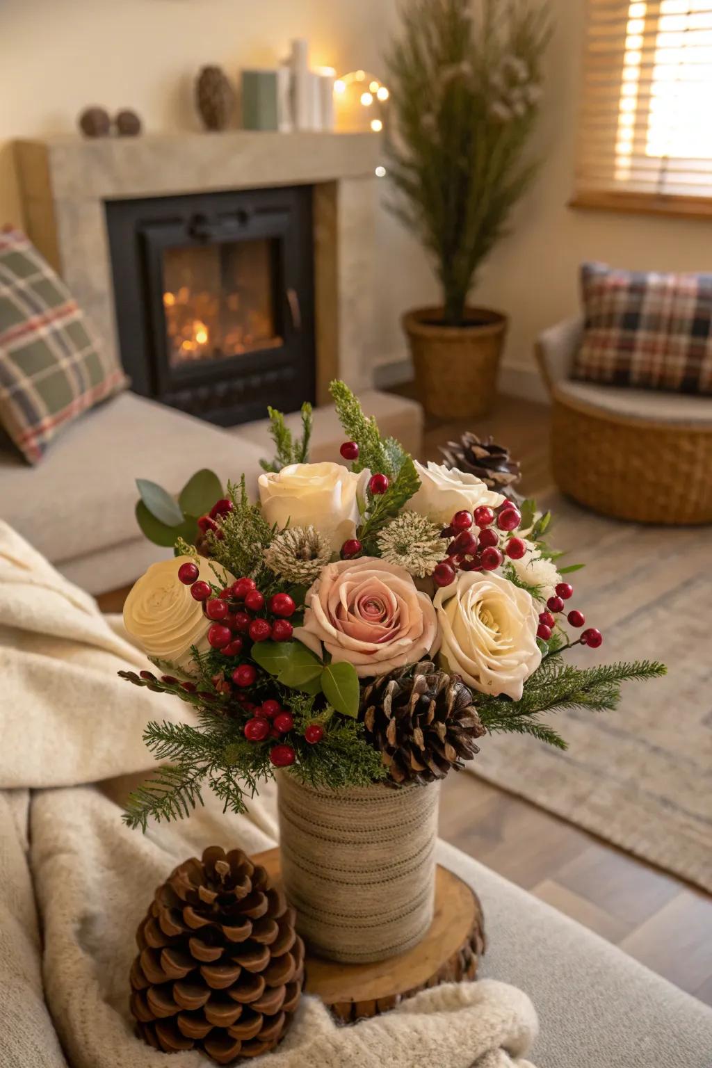 Seasonal presentation with roses and natural elements.