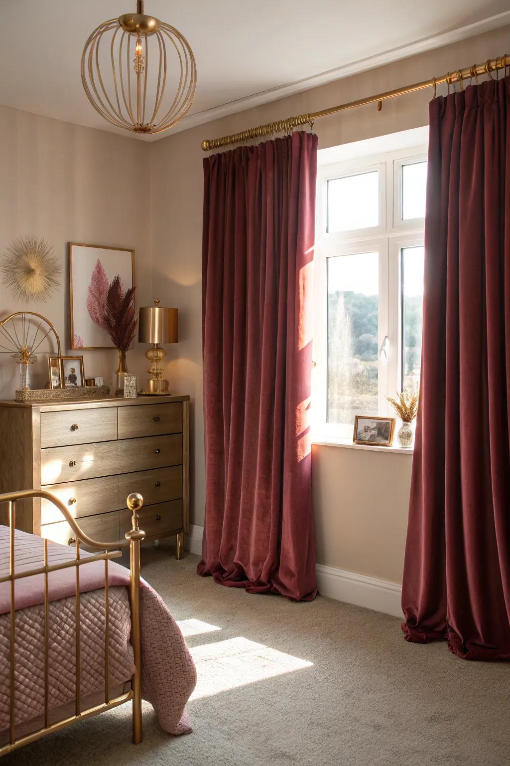 Wine-colored curtains frame the windows and add warmth to the room.