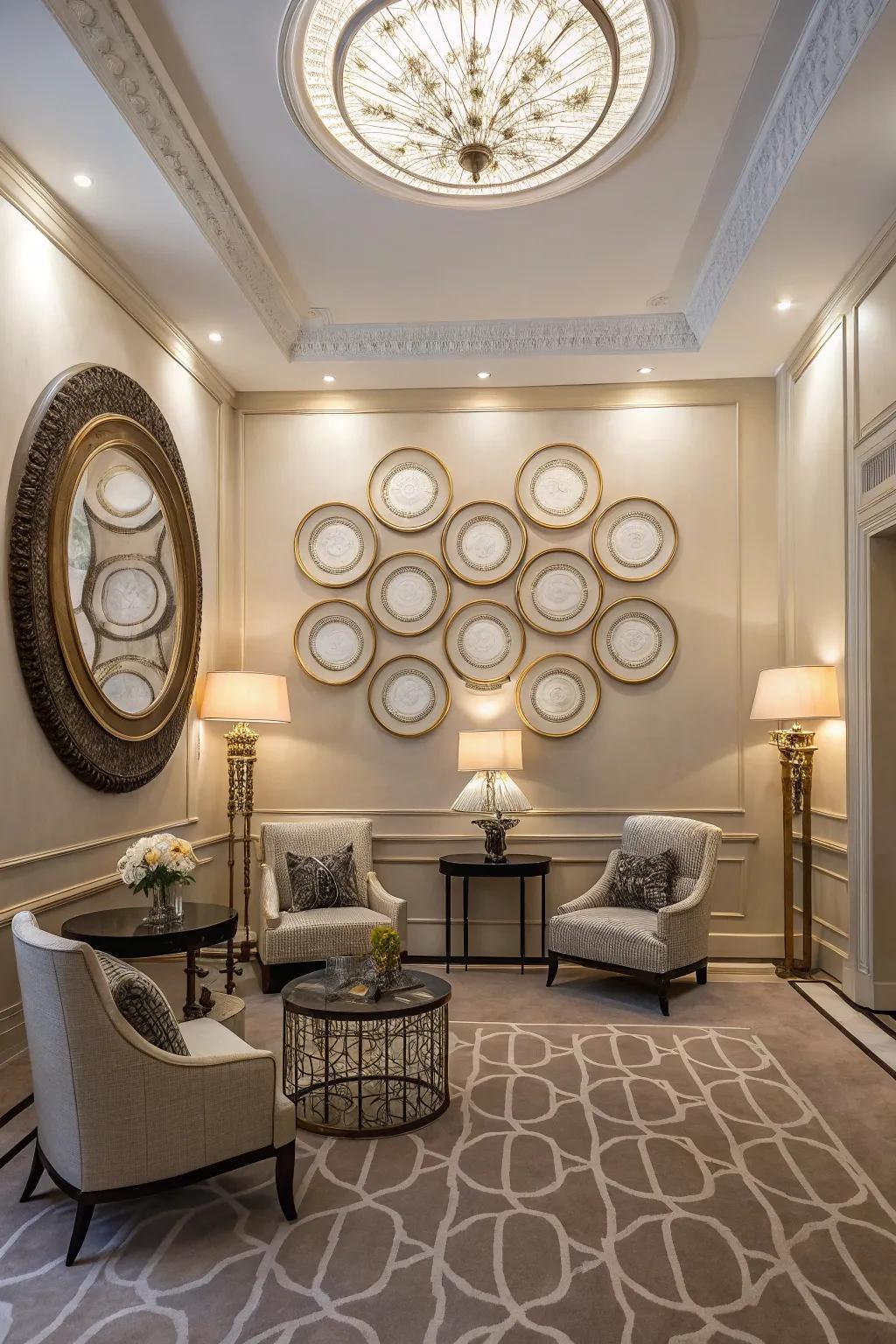 An elegant room featuring symmetrical circular wall ornaments for a balanced appearance.
